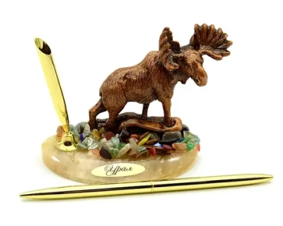 Письменный прибор на подставке из селенита с самоцветами "Лось" 105*70*90мм