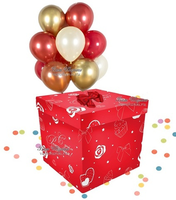 Коробка №15 "Красная с принтом для женщины на 8 гелиевых шаров"