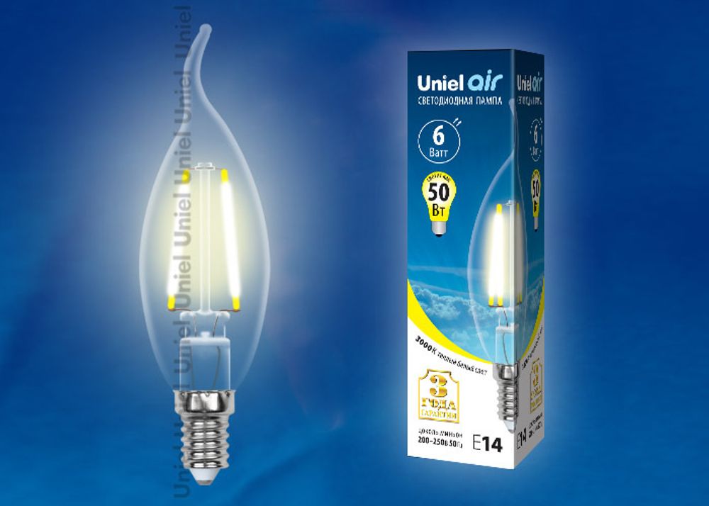 LED-CW35-6W/WW/E14/CL GLA01TR Лампа светодиодная. Форма свеча на ветру, прозрачная. Серия Air. Теплый белый свет (3000K). Картон. ТМ Uniel