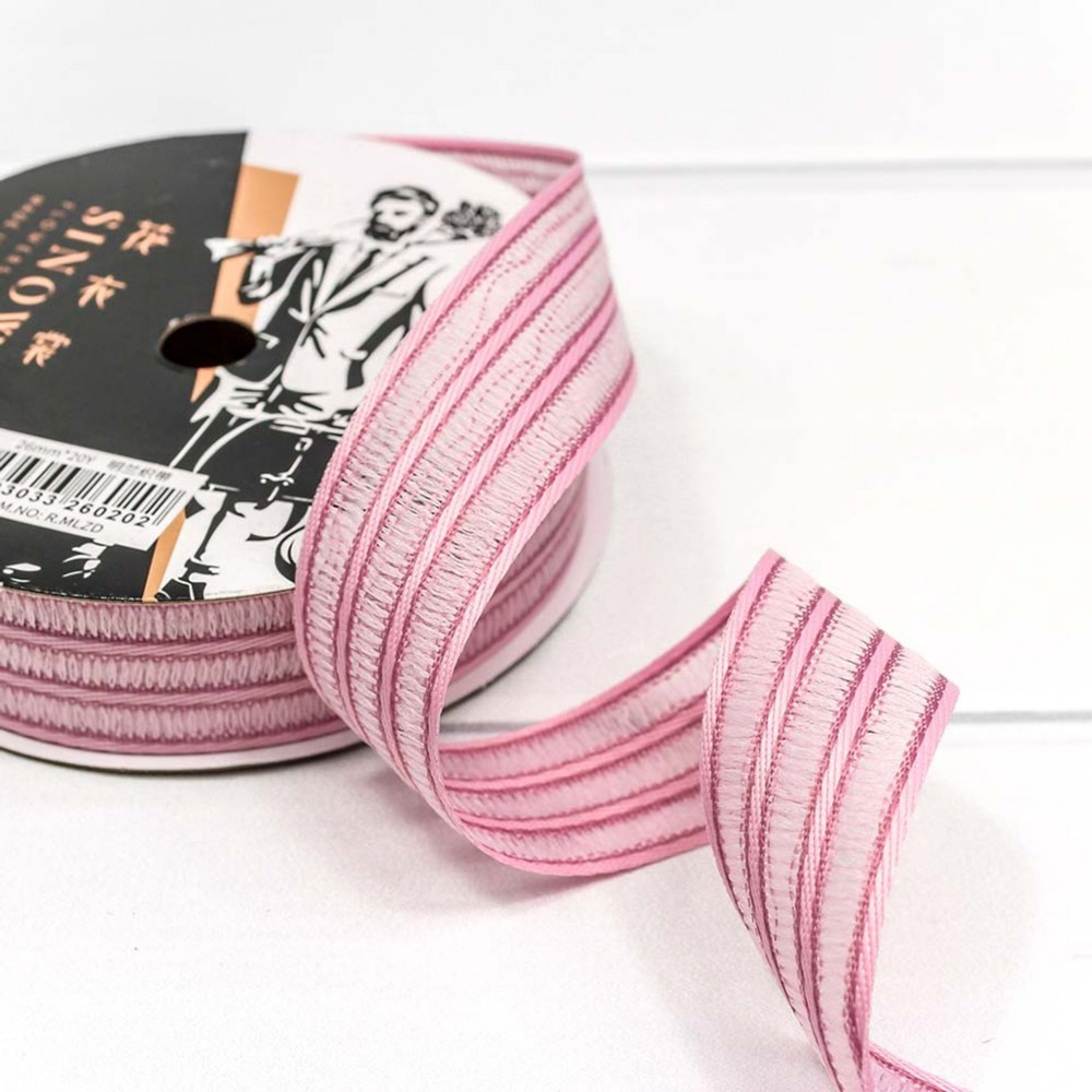 Лента Полиэстер 2,6см х 22м в полоску (Розовый)