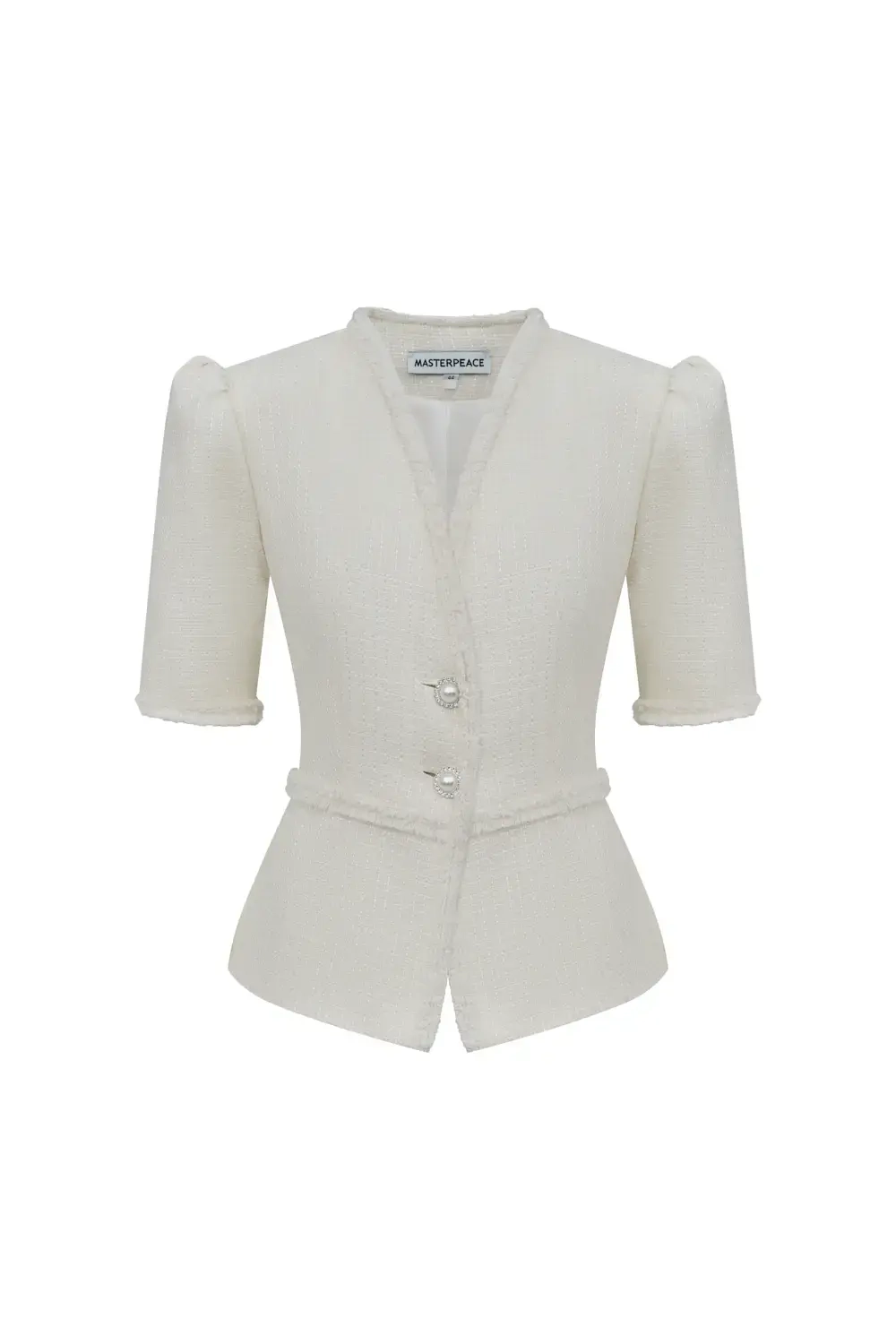 Белый жакет с объемными плечами и баской