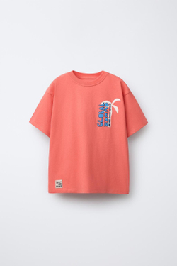 ZARA ФУТБОЛКА С ПРИНТОМ «ПАЛЬМЫ», КОРАЛЛОВЫЙ