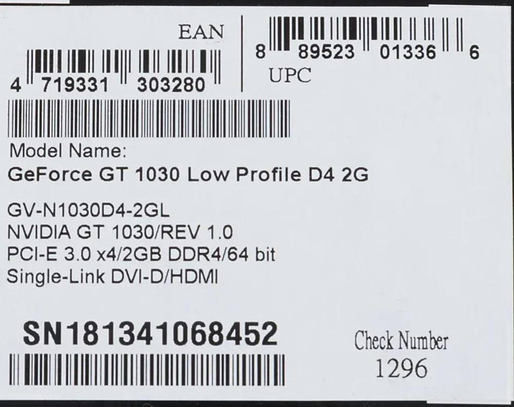 Видеокарта Gigabyte NVIDIA  GeForce GT 1030 GV-N1030D4-2GL 2ГБ DDR4, Low Profile,  Ret