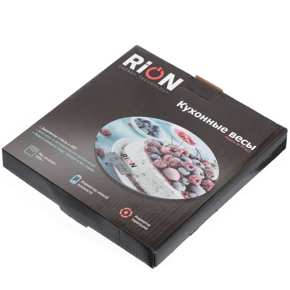 Весы кухонные электронные, стекло, Rion, Мрамор, платформа, точность 1 г, до 5 кг, LCD-дисплей, PT-812