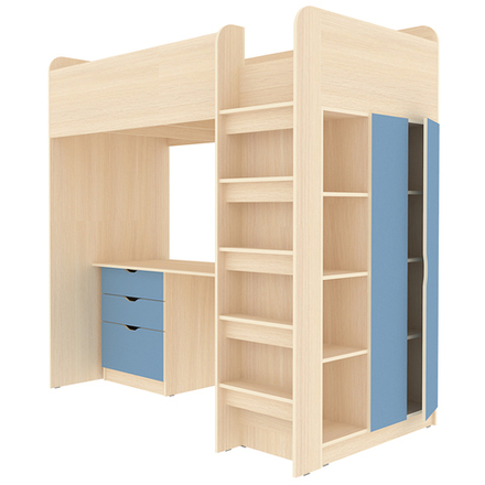 Кровать-чердак КарИВи Polini Simple с письменным столом и Шкаф КарИВиом  Дуб Молочный Светло-синий, голубой