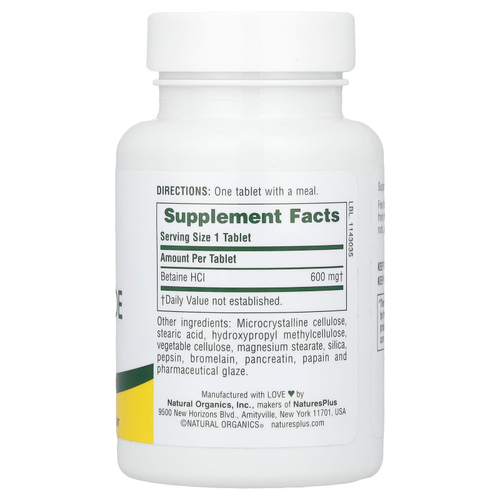 NaturesPlus, Бетаин гидрохлорид (Betaine Hydrochloride), 600 мг, 90 таблеток