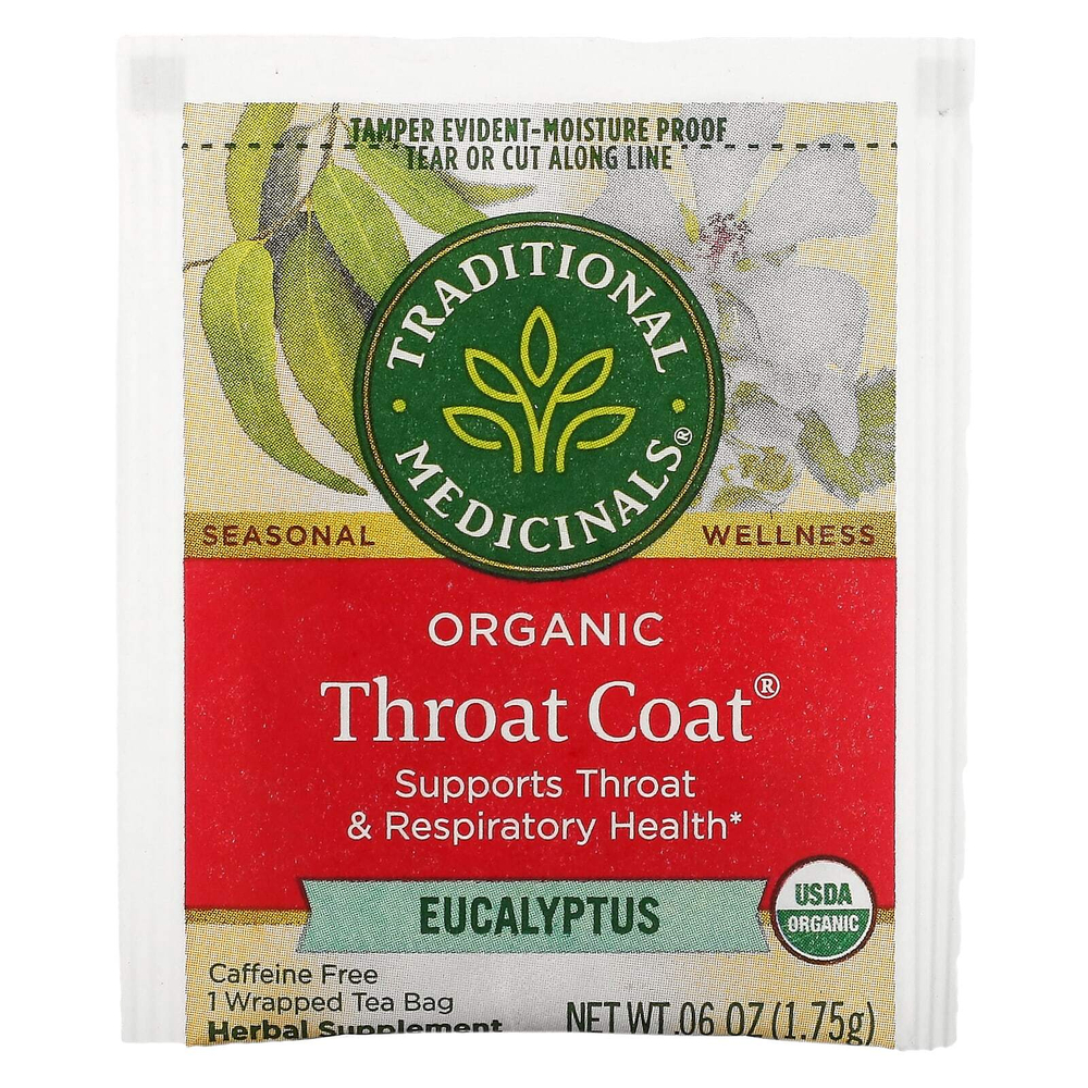 Traditional Medicinals, Organic Throat Coat, эвкалипт, без кофеина, 16 чайных пакетиков в упаковке, 28 г (0,99 унции)