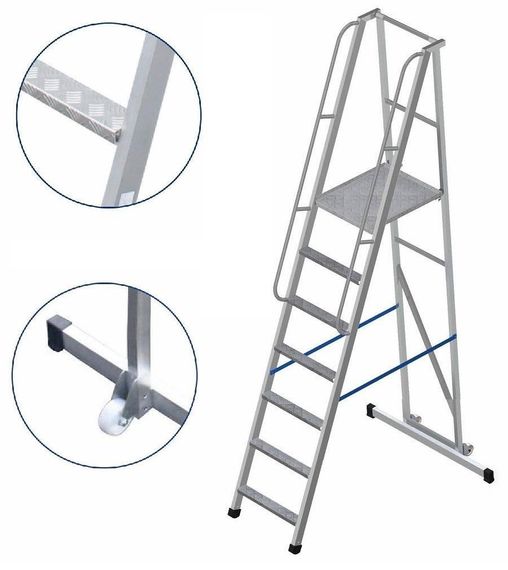 Лестница-платформа фиксированной высоты алюминиевая MEGAL ЛПФВА Н=1.2-8 пер. с трав. и шир. ступ.
