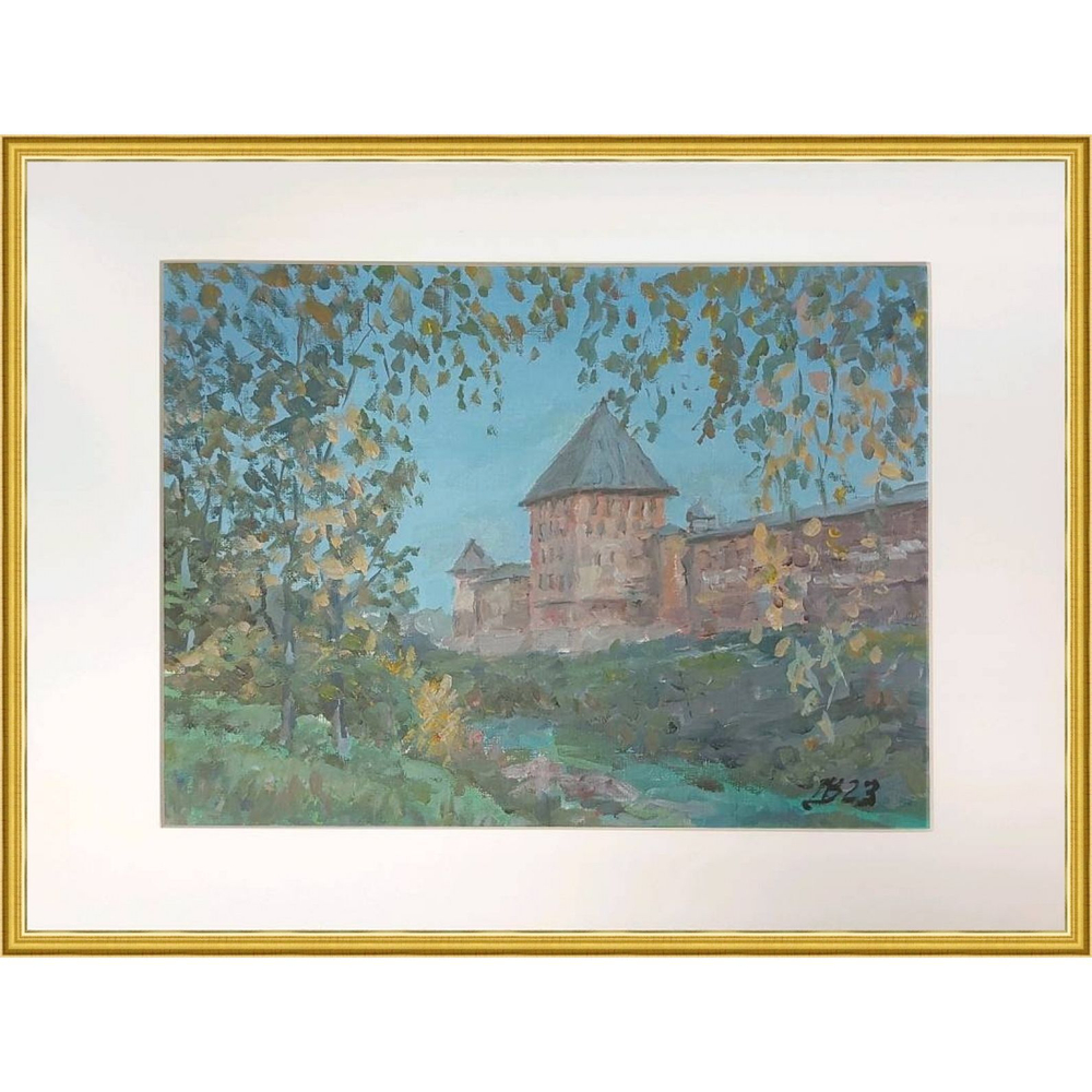 Картина авторская маслом на холсте в паспарту 30х40 см на стену для интерьера "Осенний Новгород"