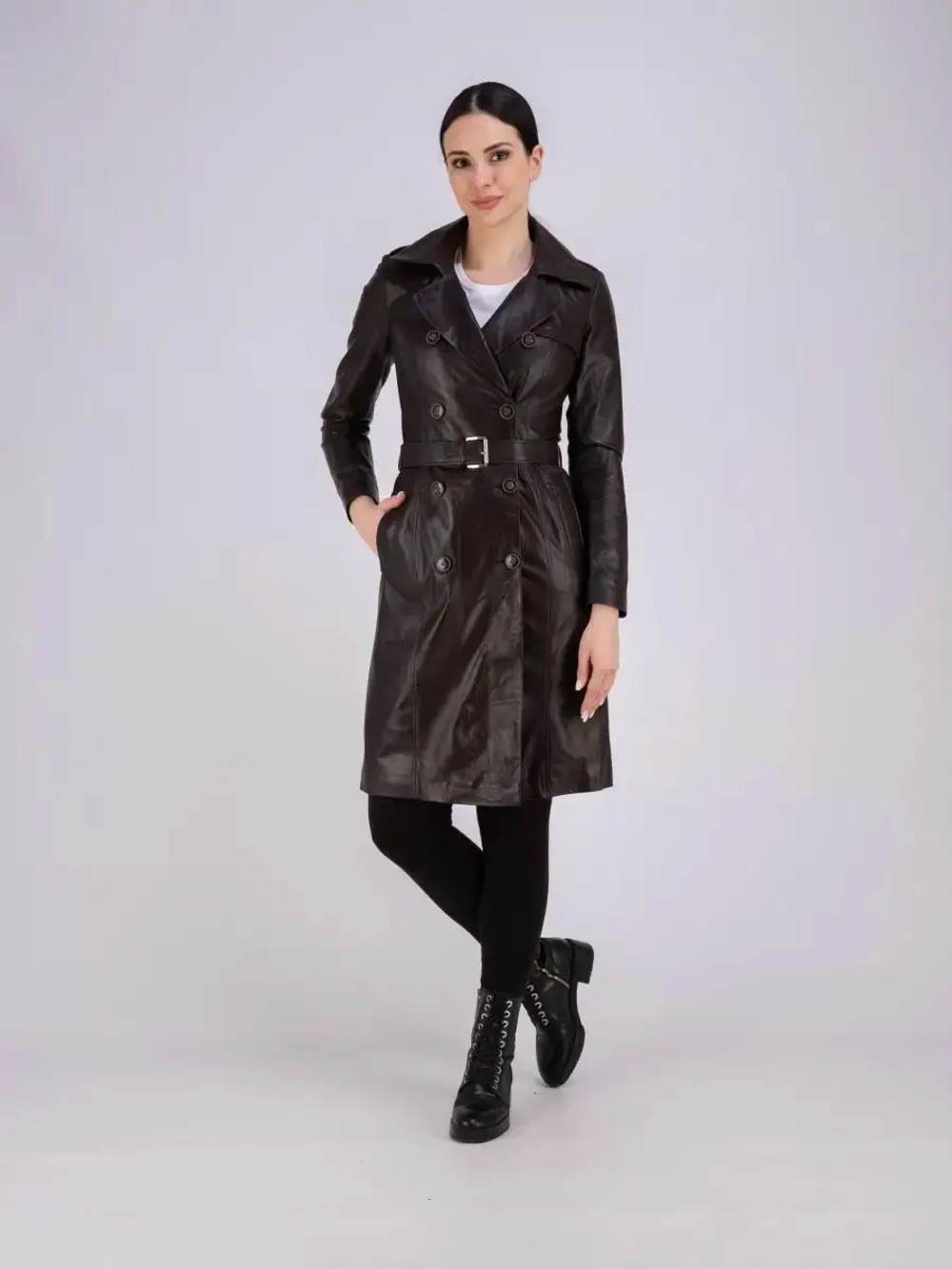 Тренч длинный кожаный с поясом плащ на весну