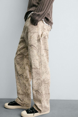 ZARA БРЮКИ КАРГО С АБСТРАКТНЫМ ПРИНТОМ, СВЕТЛО-БЕЖЕВЫЙ