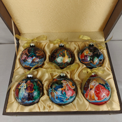 Сувенирный набор из 6-ти коллекционных ёлочных шаров " Сказки" с ручной росписью Палех