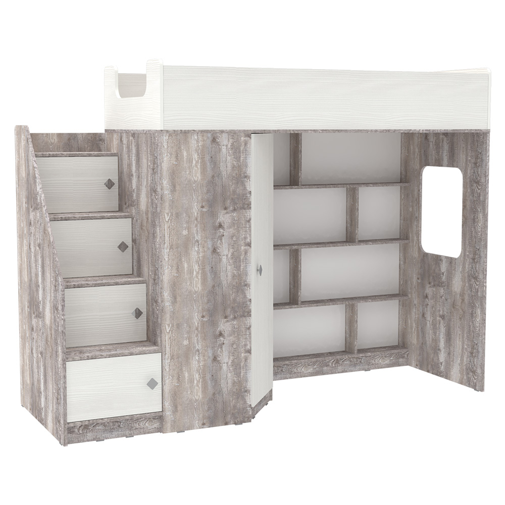 Кровать-чердак КарИВи Л-В602.3 80х190 Бетон Белое Дерево