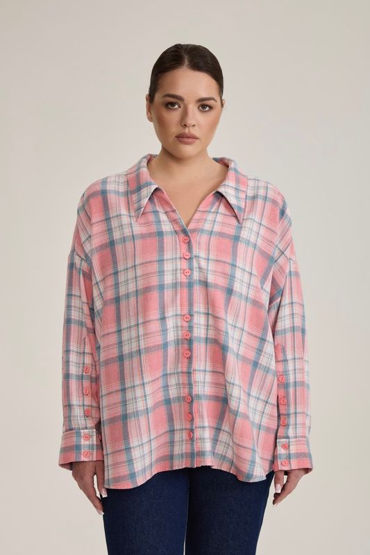 Рубашка в клетку оверсайз, розовый