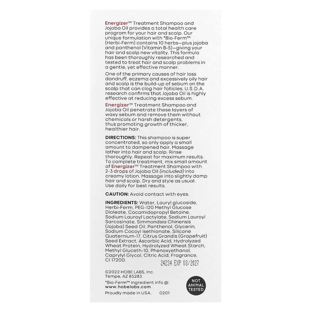 Hobe Labs, Energizer™, уходовый шампунь, для густоты, объёма и здоровья волос, 118 мл (4 жидк. унции)