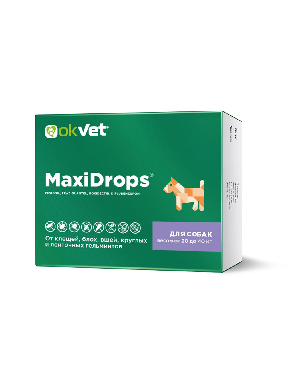 Капли от клещей и блох OKVET МаксиДропс для собак от 20 кг до 40 кг, туба по 4 мл