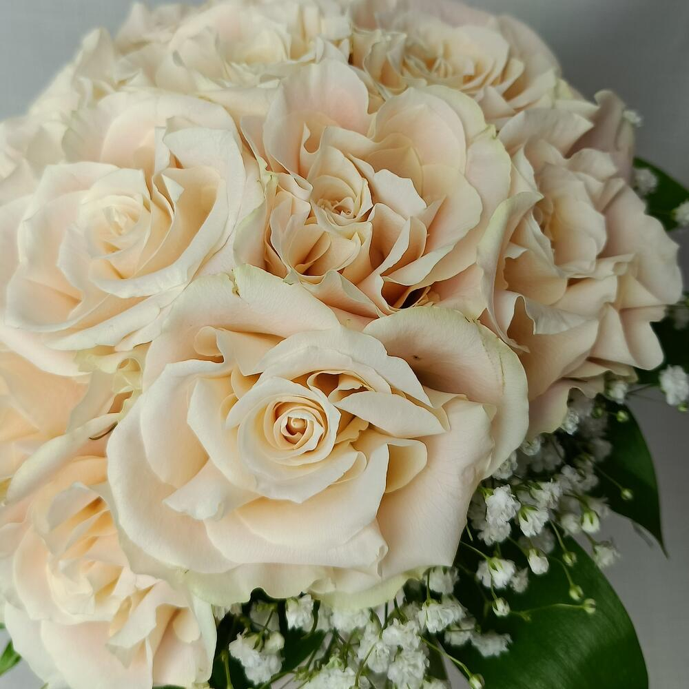 Букет невесты размер L из роз цвета Шампань 15 шт, монжеты из белой гипсофилы и зелени