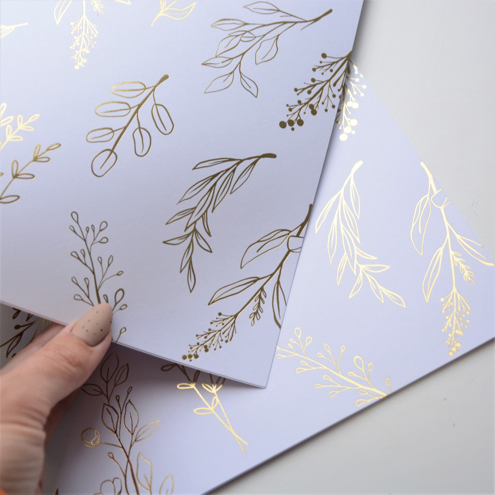 Лист односторонней бумаги с фольгированием, цвет белый, Золотые Веточки 30,5х30,5 см