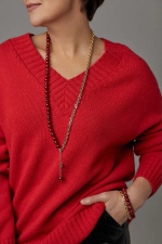 Браслет Твин 2 ряда красного жемчуга и цепь ролло, оттенок золото