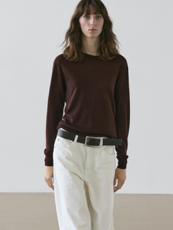 Massimo Dutti Свитер из тонкого трикотажа с круглым вырезом, кофейный