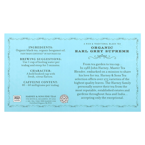 Harney & Sons, Black Tea, органический чай Earl Grey Supreme, 50 чайных пакетиков, 90 г (3,17 унции)