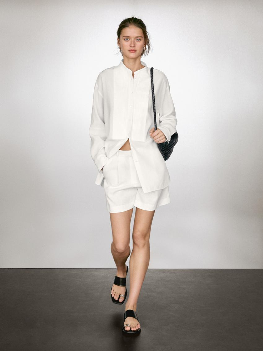 Massimo Dutti Рубашка из смесового льна с тонкими защипами, белый