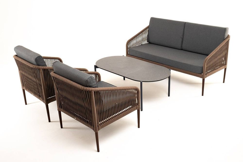 "Канны" лаунж-зона 4-местная из роупа со столом "Верона" (серый гранит), каркас алюминиевый коричневый, роуп коричневый