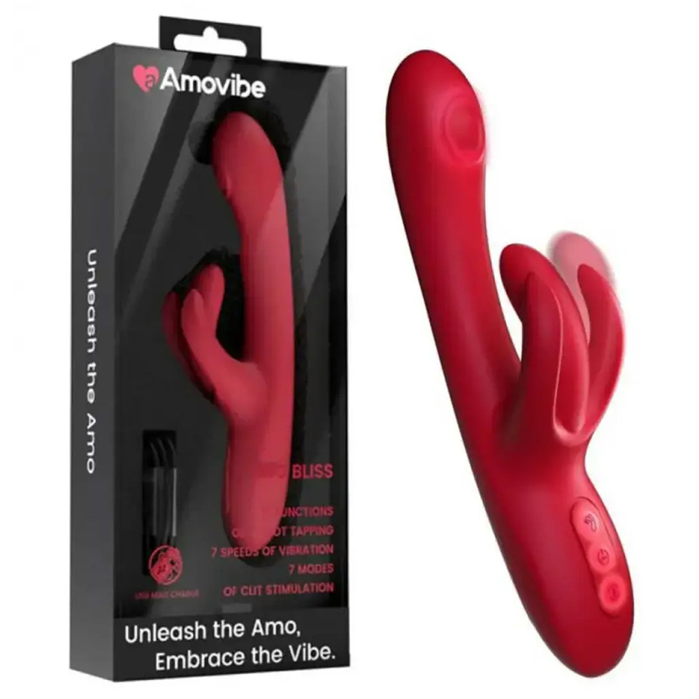 Красный вибратор-кролик 25см с боковой пульсацией и подвижными лепестками Amovibe Trio Bliss G-spot Tapping Vibrator with Clit Massaging & Vibration