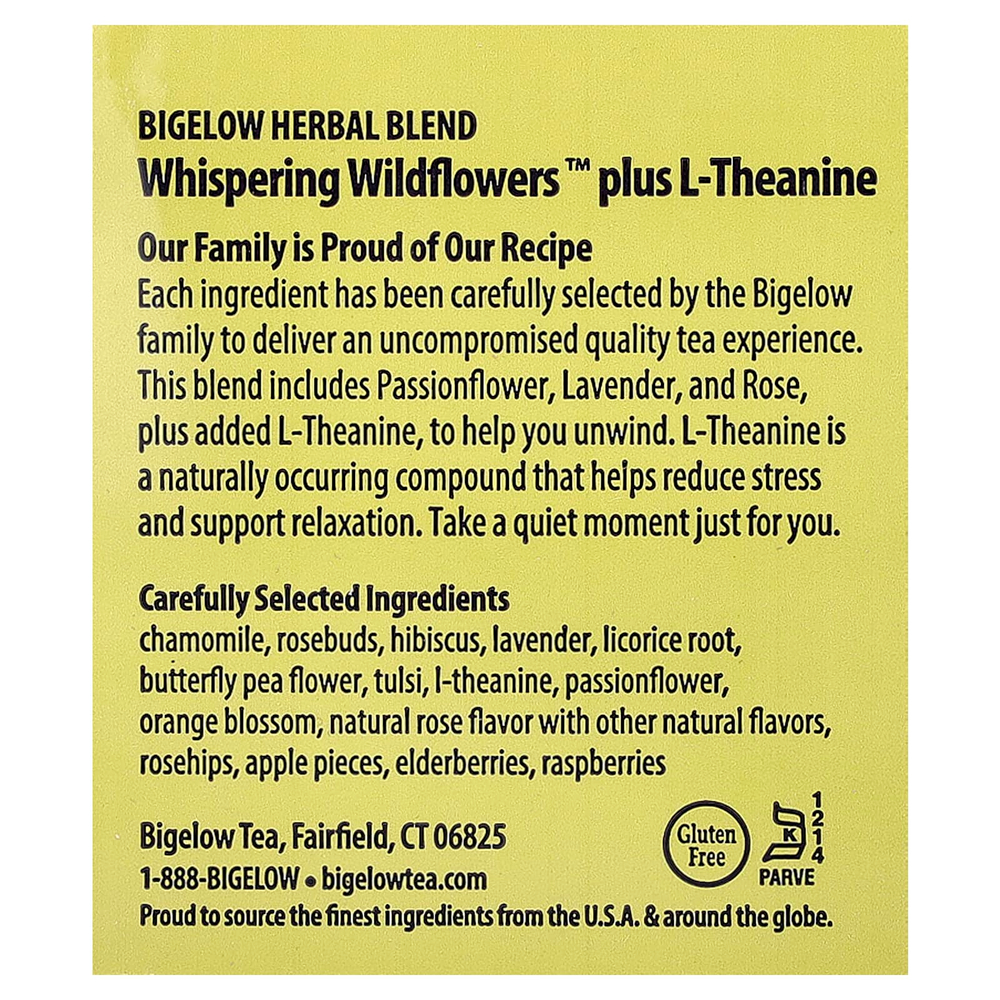 Bigelow, Whispering Wildflowers™, травяной чай с L-теанином, без кофеина, 18 чайных пакетиков, 25 г (0,9 унции)