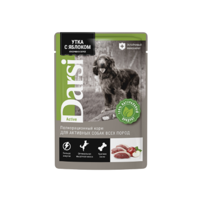 Влажный корм паучи для активных собак Darsiвсех пород, утка с яблоком, кусочки в соусе 85 г*32шт