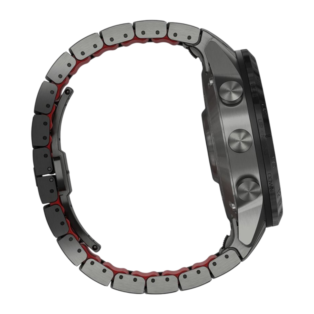 Спортивные часы Garmin MARQ Athlete (Gen 2) Performance Edition, гибридный блочный браслет, силиконовый ремешок цвета «красная плазма» Безель и корпус из титана с DLC-покрытием, AMOLED-дисплей с куполообразным сапфировым стеклом. Блочный браслет из титана