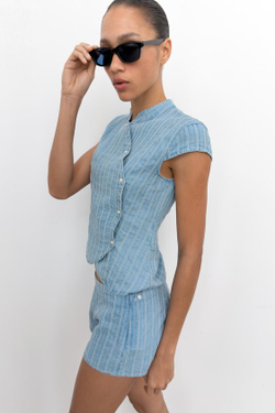ZARA ТОП НА ЗАПÁХЕ В ПОЛОСКУ С ПУГОВИЦАМИ, ГОЛУБОЙ