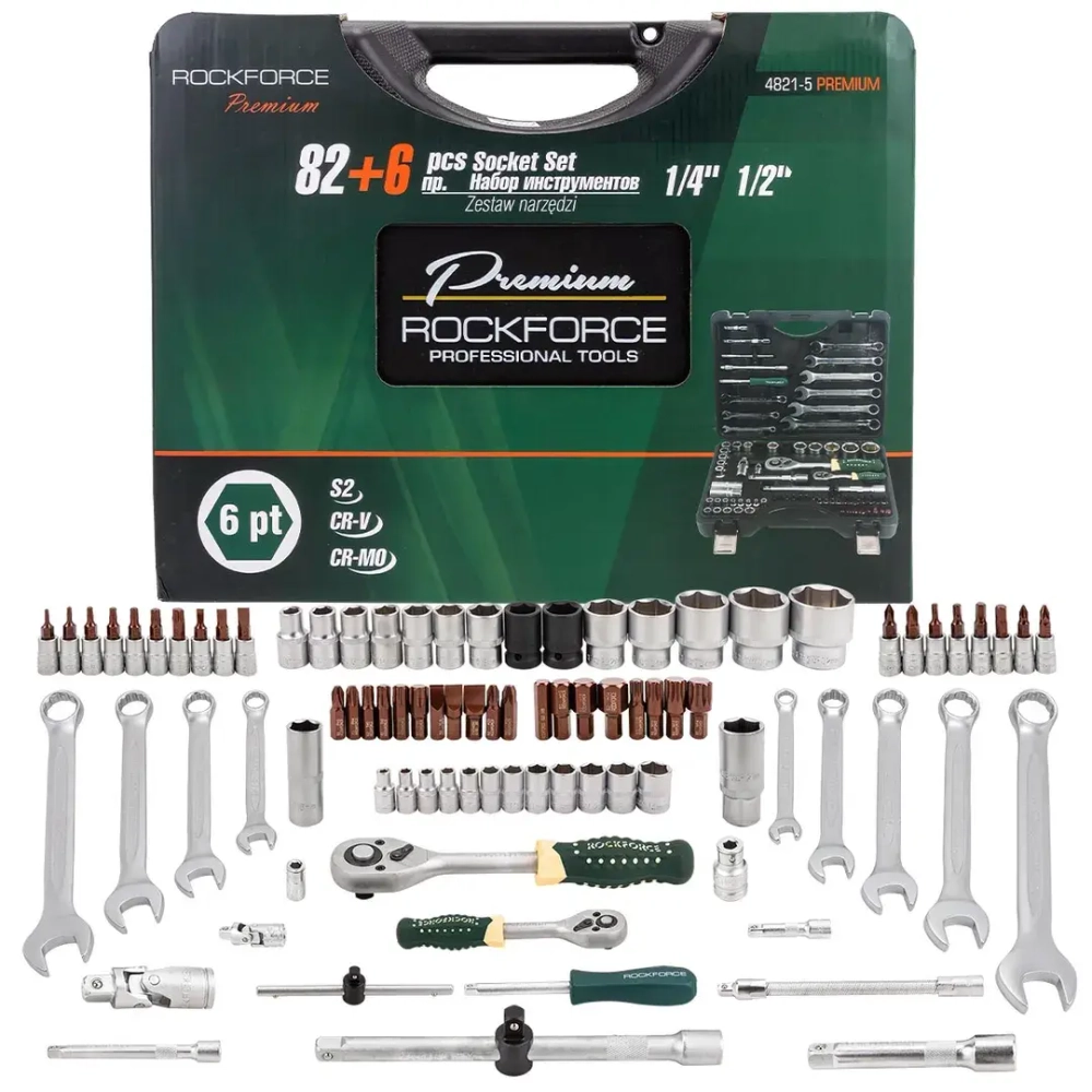 Набор инструментов 82+6пр.1/4''1/2''(6гр.)+(головка-бита 1/4''T40, биты 5/16'': М8,10,12,14,головки 1/2'': 10,12,13мм,ключи комбинир.:15,16мм) RockForce##Rock FORCE RF-4821-5 PREMIUM