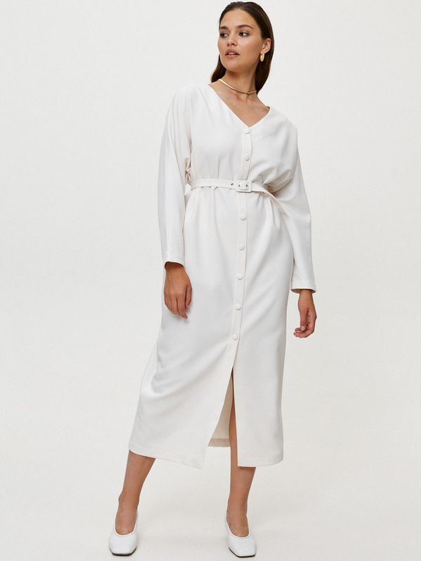 Платье на пуговицах с поясом; молочный