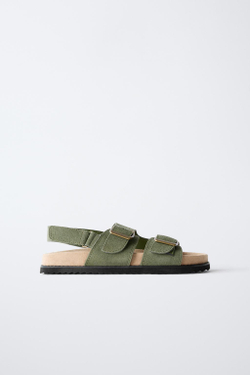 ZARA КОЖАНЫЕ САНДАЛИИ С ПРЯЖКАМИ, ЗЕЛЕНЫЙ ХАКИ