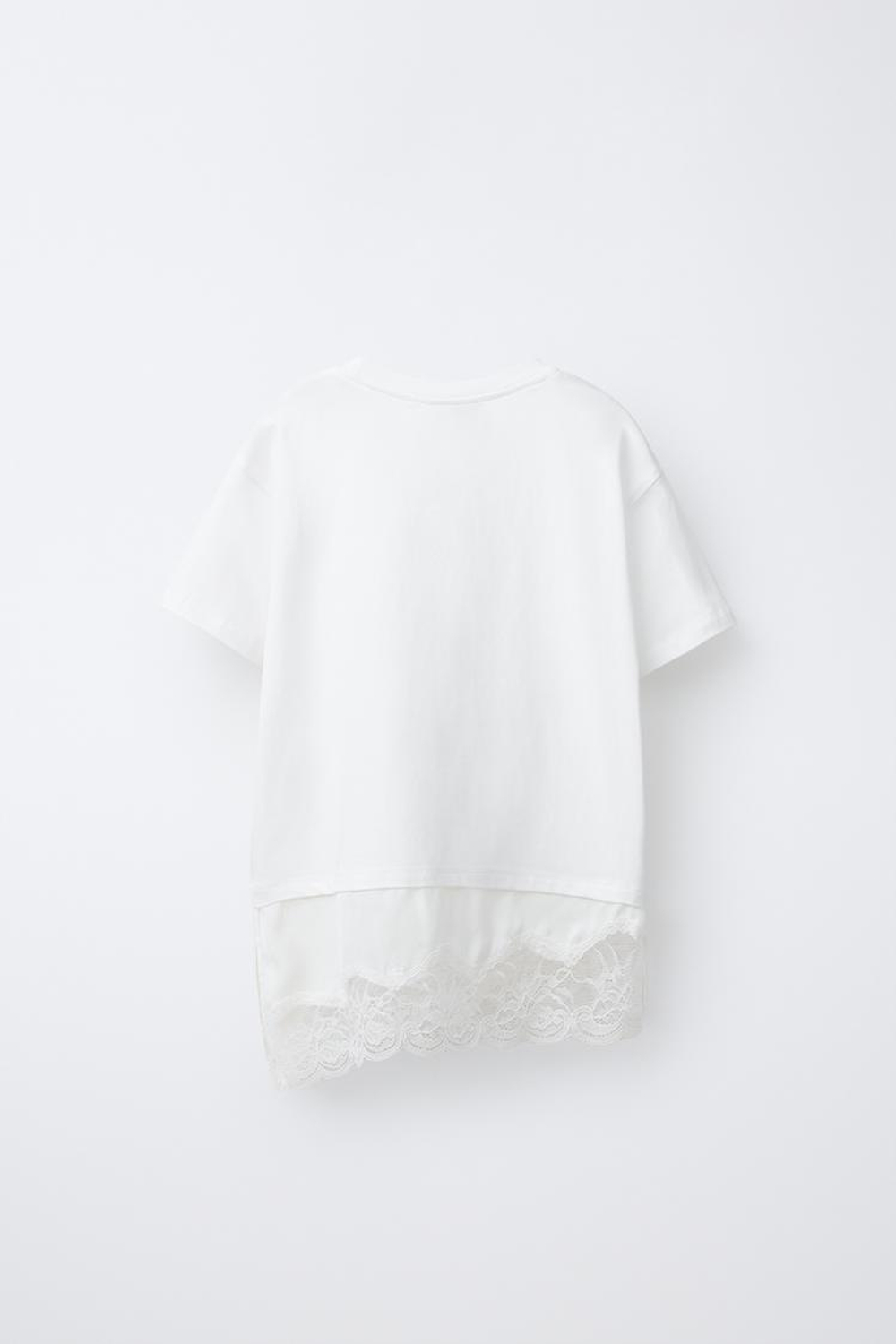 ZARA КОМБИНИРОВАННАЯ ФУТБОЛКА С КРУЖЕВОМ, БЕЛЫЙ