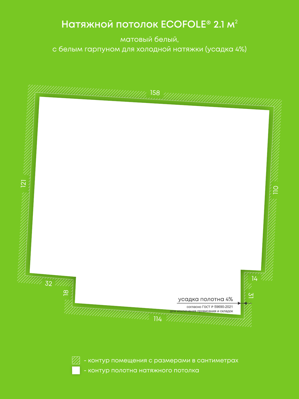 Матовый натяжной потолок 2.1 м2
