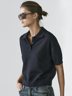 Massimo Dutti Свитер из смесовой шерсти с воротником поло, темно-синий