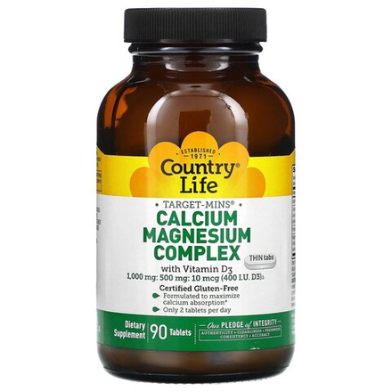 Country Life, Комплекс кальция и магния Target-Mins с витамином D3, 90 таблеток