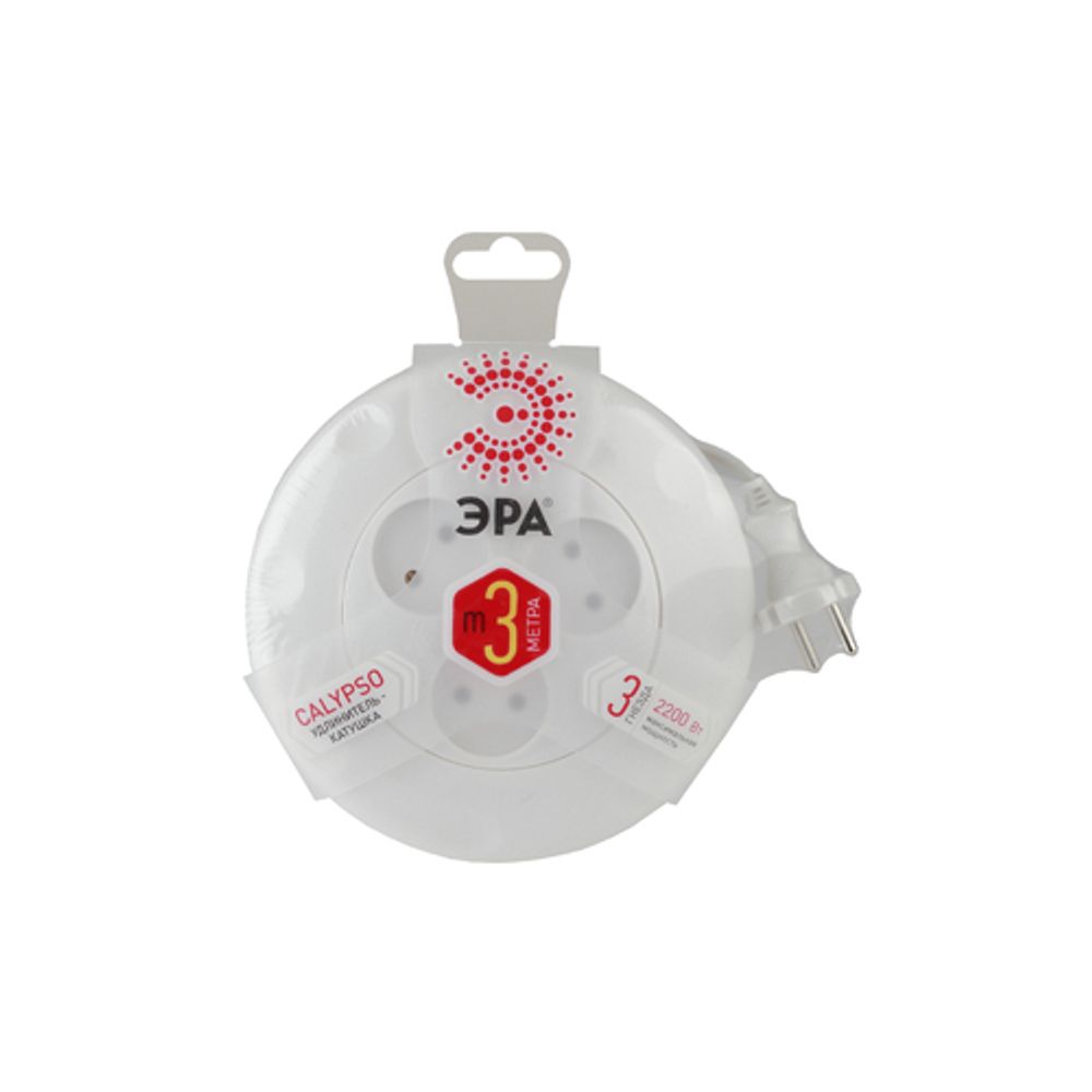 Удлинитель электрический ЭРА UR-3-3m-W рулетка без заземления 3 розетки 3м 2x1мм2 10А белая