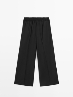 Massimo Dutti Укороченные брюки с широкими штанинами из шерстяной смеси с эластичной вставкой, черный