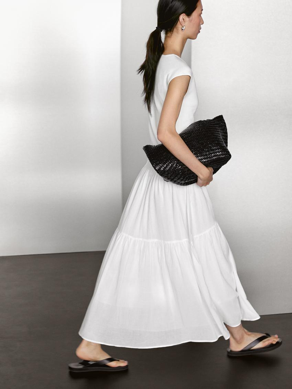 Massimo Dutti Длинное платье с контрастным V-образным вырезом, белый