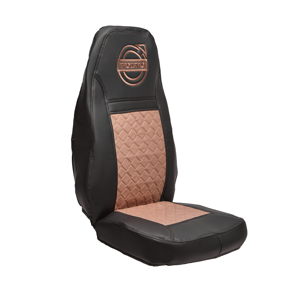 Чехлы VOLVO FH-12 после 2003 года: два высоких сиденья, ремни безопасности от стоек кабины (нет выреза под ремень) (экокожа, черный, коричневая вставка)