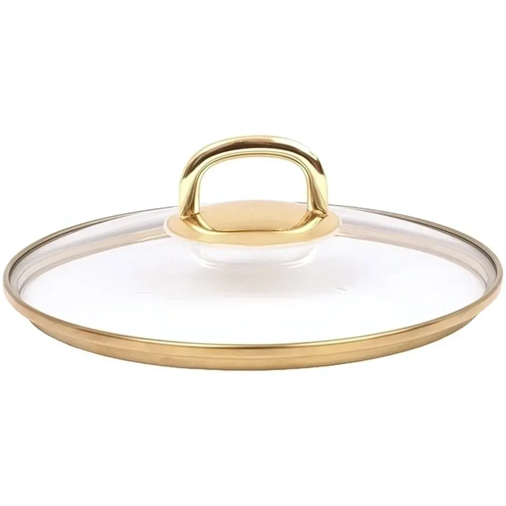 Крышка стеклянная 320мм, с ободом и пароотводом из нерж. стали под золото и ручкой-кнопкой