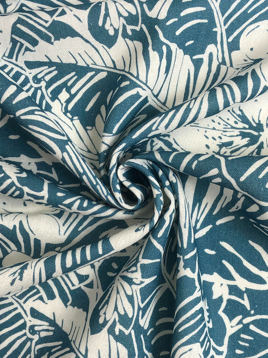 Плательная лен принт цветы бирюзовые на белом BST3482