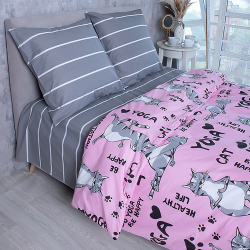 Комплект постельного белья Традиция 2,0 спальный с европростыней, поплин, Йога Кошки розовый