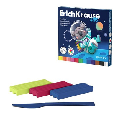 Пластилин 10 цветов, 180 г, ErichKrause Kids Space Animals , со стеком, в картонной упаковке