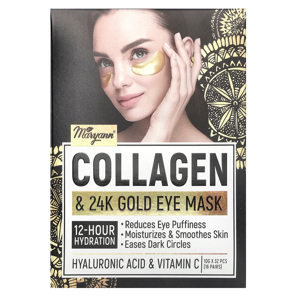 MaryAnn Organics, Маска для глаз с коллагеном и золотом 24K, 16 пар