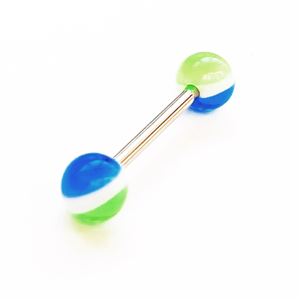 Штанга 16 мм с акриловыми цветными шариками 6 мм (мяч зеленый - синий) для пирсинга языка. Медицинская сталь. 1 шт