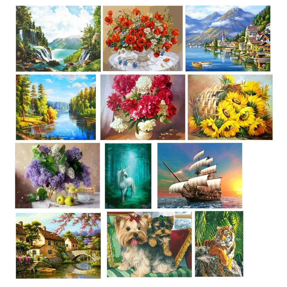 Алмазная мозаика со стилусом, лотком, желеобразным клеем, крепежом и пинцетом, 12 рисунков ассорти, размер 50*65 см